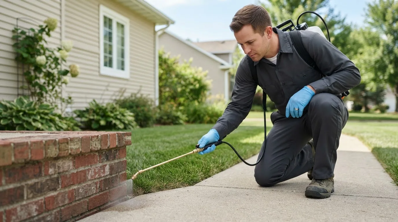 Pest control technician treating a home near Protem, MO